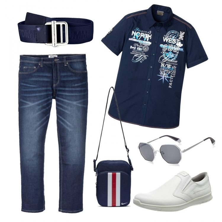 Outfit uomo - Sera d estate. Stile Casual per Tutti i giorni. Abbinamento con jeans dritti, camicie a manica corta, occhiali da sole, borse sportive, cinture, sneakers.