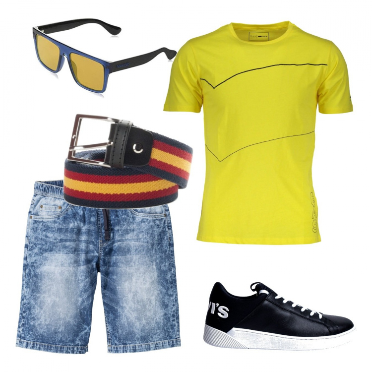 Outfit uomo - Giallo estate. Stile Casual per Mare. Abbinamento con bermuda, sneakers, cinture, t-shirt, occhiali da sole.