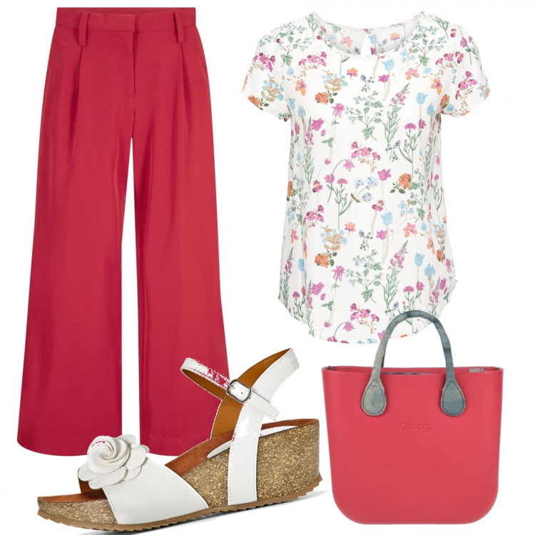 Outfit donna - 823- rosso e fiori. Stile Trendy per Scuola/Università. Abbinamento con bluse, sandali, pantaloni capri, borse a mano.