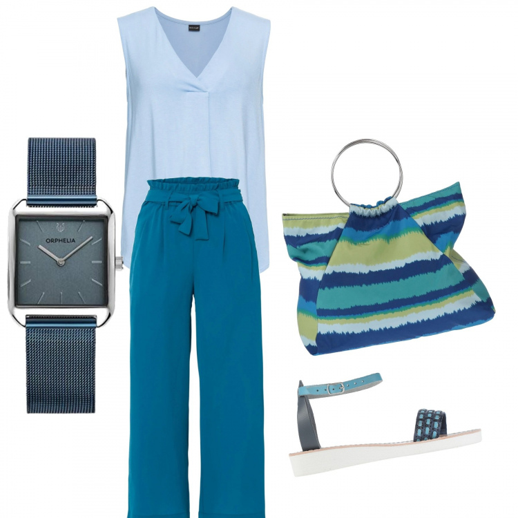 Outfit donna - Deliziosamente. Stile Casual per Tutti i giorni. Abbinamento con top, pantaloni culotte, borse a mano, sandali in pelle, orologi analogici.