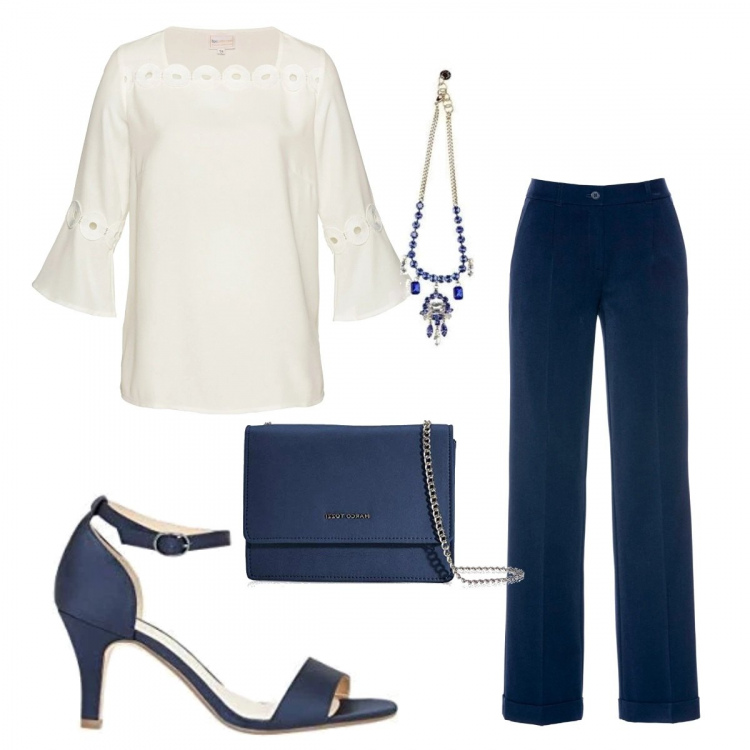 Outfit donna - Chic #16769 Curvy. Stile Chic per Serata fuori. Abbinamento con pantaloni, bluse, collane, sandali col tacco, clutch.