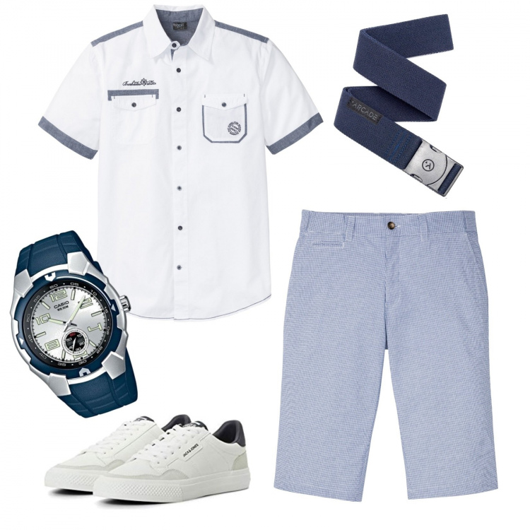 Outfit uomo - Fresca estate. Stile Casual per Tutti i giorni. Abbinamento con camicie a manica corta, bermuda, cinture, orologi, sneakers.