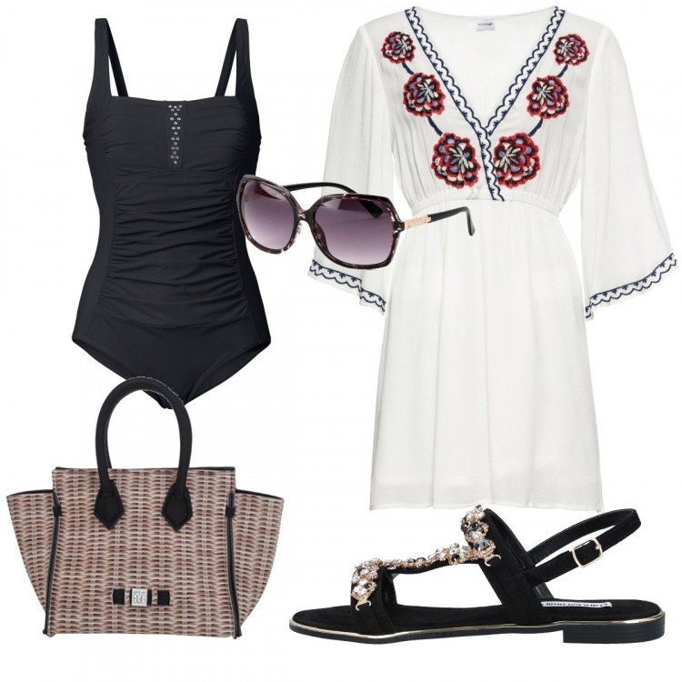 Outfit donna - Mare Donna Curvy. Stile Trendy per Mare. Abbinamento con costumi interi, vestiti, occhiali da sole, sandali, borse a mano.