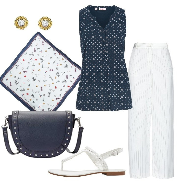 Outfit donna - Micro fantasia e righe. Stile Casual chic per Tutti i giorni. Abbinamento con top, infradito, pantaloni, foulard, borse a tracolla, orecchini.