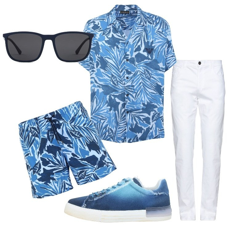Outfit uomo - Party in piscina. Stile Trendy per Serata speciale. Abbinamento con sneakers, costumi, pantaloni, camicie a manica corta, occhiali da sole.