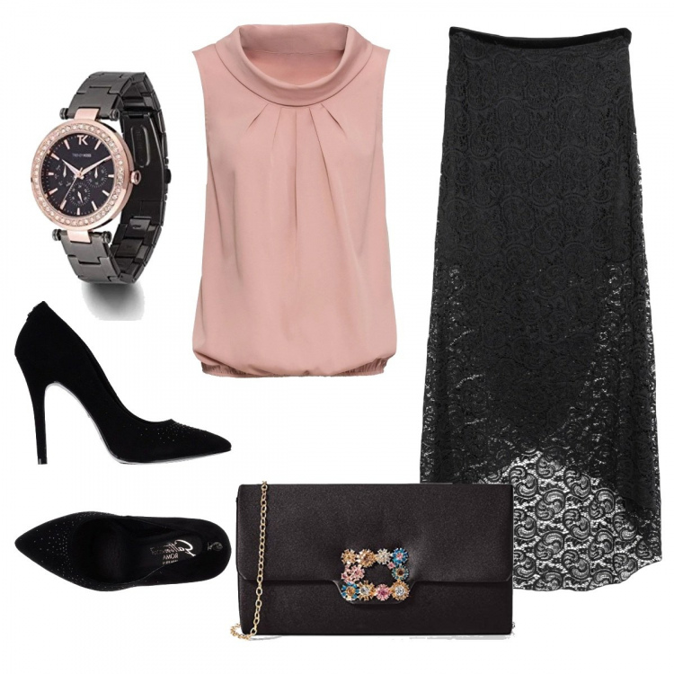Outfit donna - Chic #16762. Stile Chic per Serata fuori. Abbinamento con gonne longuette, décolleté, top, pochette, orologi.