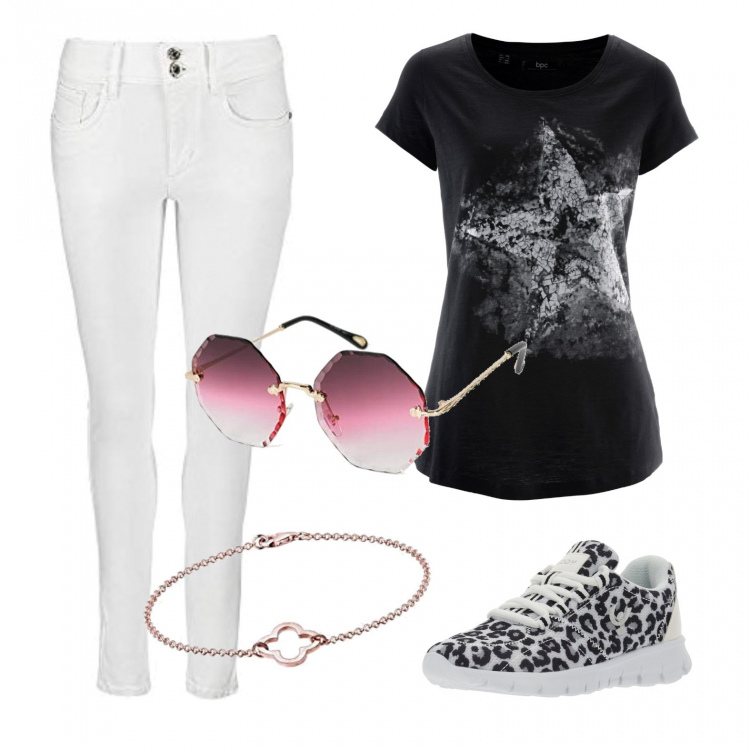 Outfit donna - Semplicemente jeans e tshirt. Stile Casual per Tutti i giorni. Abbinamento con t-shirt, sneakers, jeans skinny, braccialetti, occhiali da sole.