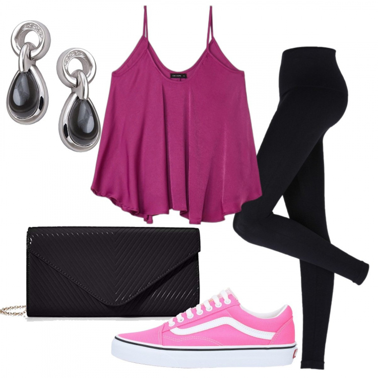 Outfit donna - Basic #25001. Stile Basic per Tutti i giorni. Abbinamento con leggings, sneakers, top, pochette, orecchini.