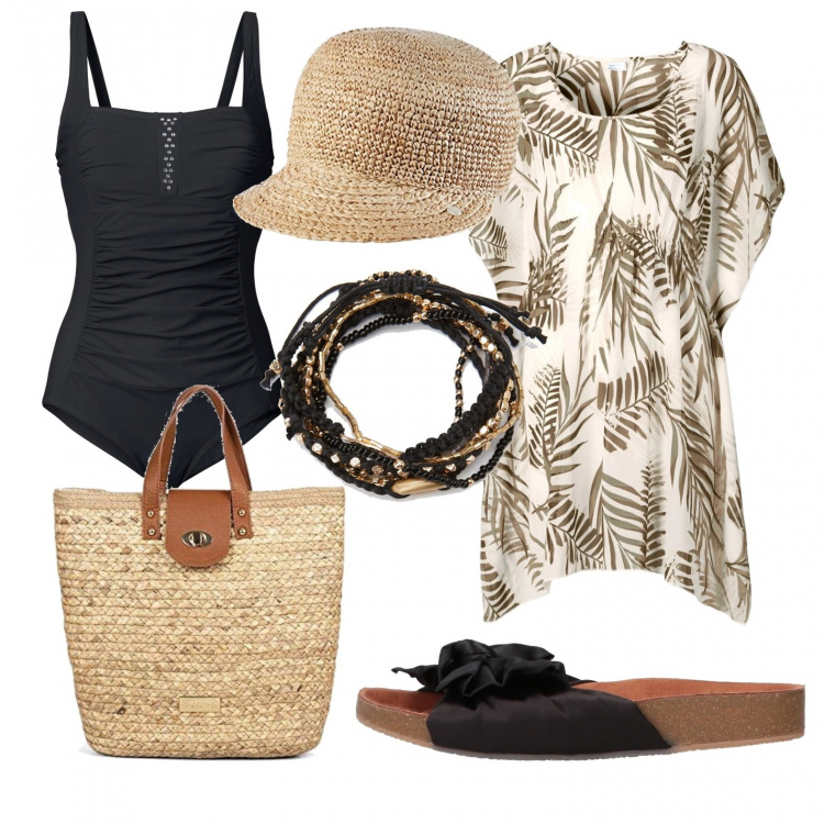 Outfit donna - Il berretto di paglia.. Stile Casual chic per Mare. Abbinamento con costumi interi, vestiti da spiaggia, sandali, braccialetti, cappelli, borse tote.