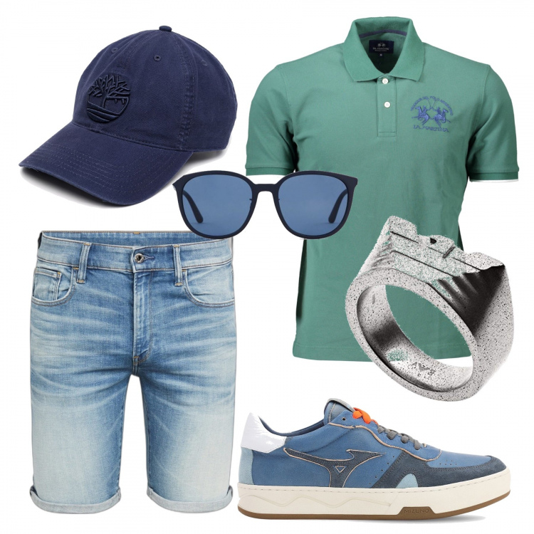 Outfit uomo - Total look #1083684. Stile Casual per Tutti i giorni. Abbinamento con pantaloni corti, cappelli, polo, sneakers, occhiali da sole, anelli.