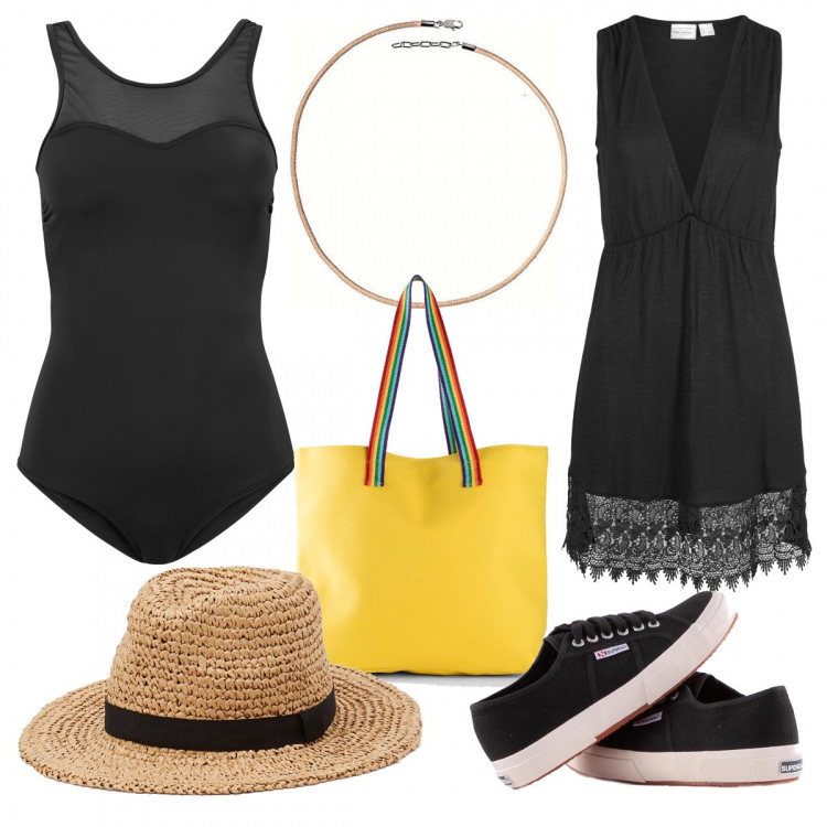 Outfit donna - Al mare con le Curvy. Stile Casual per Mare. Abbinamento con vestiti da spiaggia, costumi interi, shopping bag, sneakers, cappelli, ciondoli.