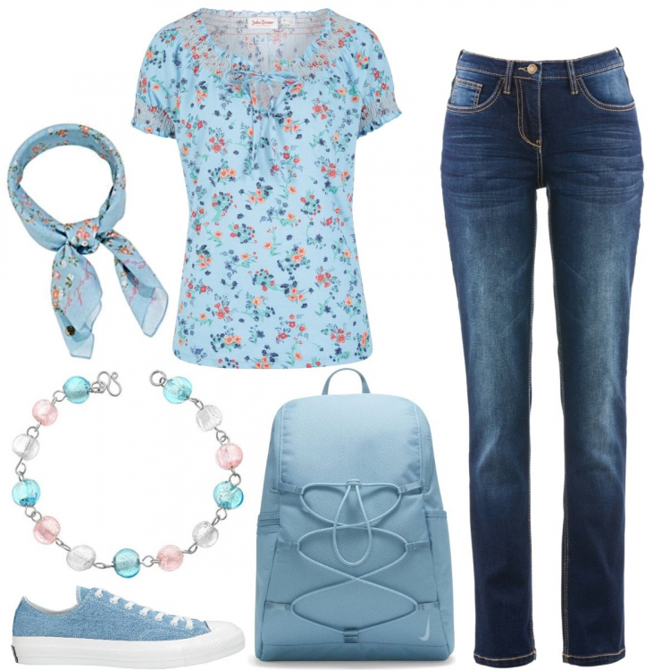 Outfit donna - Romantica e ottimista per gli esami. Stile Romantica per Scuola/Università. Abbinamento con jeans dritti, t-shirt, sneakers, zaini, sciarpe, braccialetti.