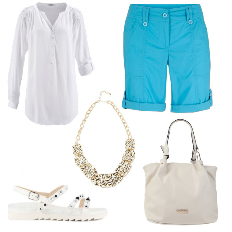Outfit donna - Maniche con risvolti. Stile Basic per Tutti i giorni. Abbinamento con tuniche, bermuda, borse a mano, sandali, collane.