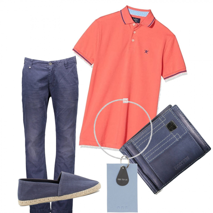 Outfit uomo - Blu arancione. Stile Casual per Tutti i giorni. Abbinamento con espadrillas, pantaloni, portachiavi, portafogli, polo.