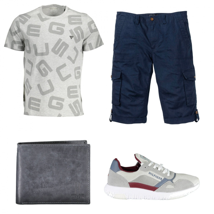 Outfit uomo - T-shirt Guess. Stile Trendy per Tutti i giorni. Abbinamento con bermuda, sneakers, portafogli, t-shirt.