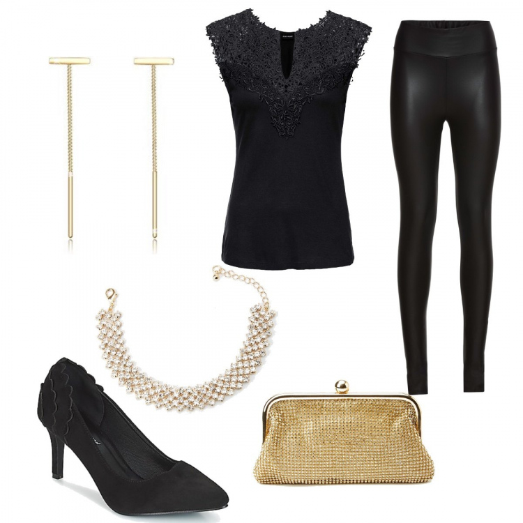 Outfit donna - Curvy in disco. Stile Sexy per Serata fuori. Abbinamento con top, treggings, décolleté, braccialetti, pochette, orecchini.