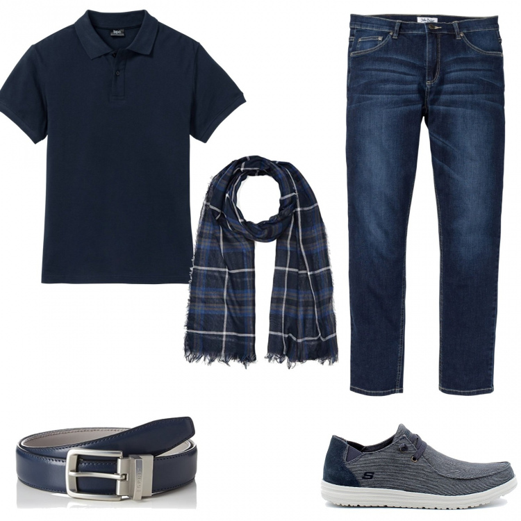 Outfit uomo - Estate focus uomo. Stile Casual per Ufficio. Abbinamento con polo, jeans, scarpe stringate, sciarpe, cinture.