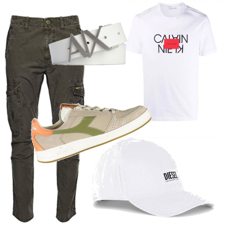 Outfit uomo - Cappello bianco. Stile Urban per Tutti i giorni. Abbinamento con cappelli con visiera, cinture, t-shirt, sneakers, pantaloni cargo.