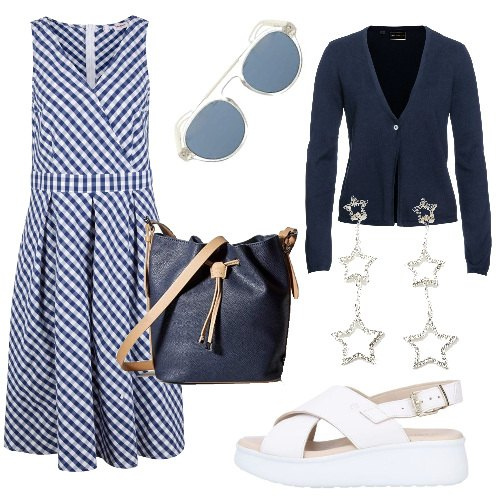 Outfit donna - Quadretti preppy per l\'ufficio. Stile Preppy per Ufficio. Abbinamento con cardigans, vestiti midi/longuette, sandali in pelle, orecchini, borse a tracolla, occhiali da sole.