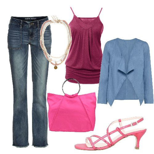 Outfit donna - Serata easy. Stile Urban per Serata fuori. Abbinamento con top, jeans bootcut, blazer, collane, sandali col tacco, borse a mano.