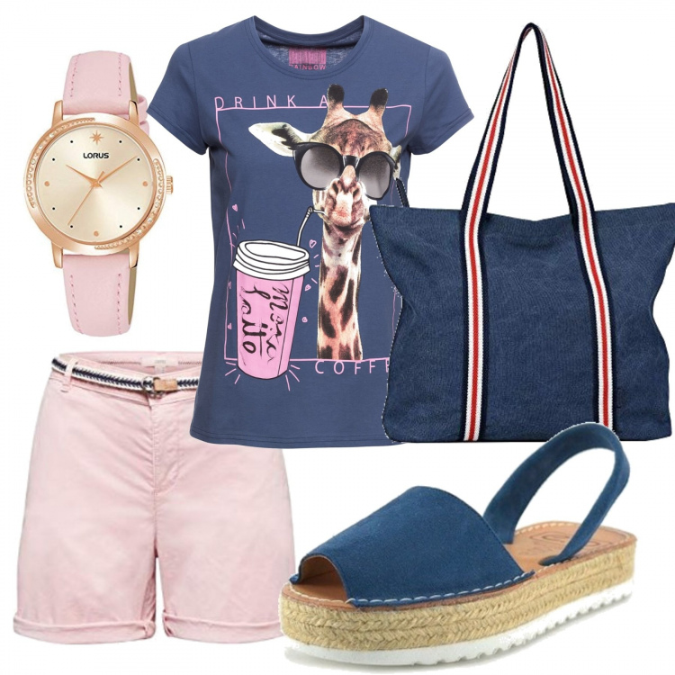 Outfit donna - Si parte. Stile Casual per Tutti i giorni. Abbinamento con t-shirt, sandali, pantaloni corti, shopping bag, orologi.