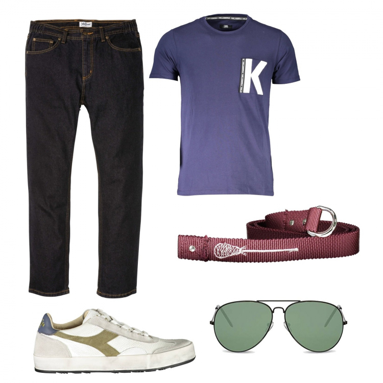 Outfit uomo - Cintura rossa. Stile Trendy per Tutti i giorni. Abbinamento con jeans dritti, sneakers, t-shirt, cinture, occhiali da sole.