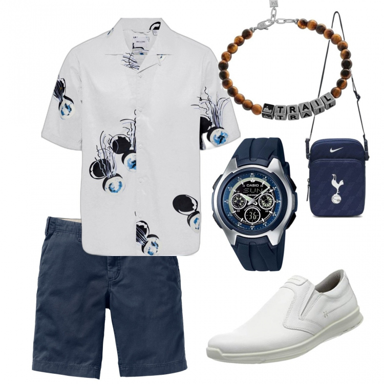 Outfit uomo - Total look #1085332. Stile Casual per Tutti i giorni. Abbinamento con bermuda, camicie a manica corta, orologi, borse sportive, braccialetti, sneakers.