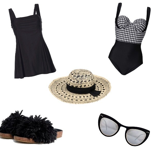 Outfit donna - Mare. Stile Basic per Mare. Abbinamento con vestiti da spiaggia, costume intero con ferretto e spalline a clip, cappello contrasto effetto acetato taglia media in paglia, occhiali da sole, sandali nero.