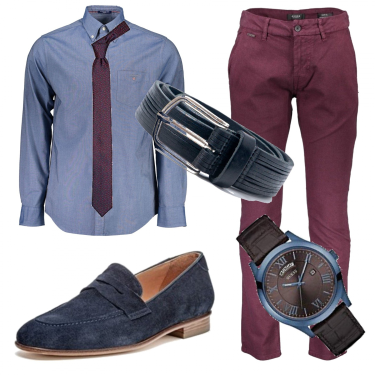 Outfit uomo - Riunione staff. Stile Business/Elegante per Ufficio. Abbinamento con pantaloni chino, scarpe stringate, cinture, cravatte, camicie, orologi analogici.