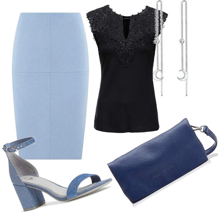 Outfit donna - 858- azzurro e nero. Stile Bon Ton per Cerimonia. Abbinamento con top, sandali col tacco, gonne longuette, pochette, orecchini.