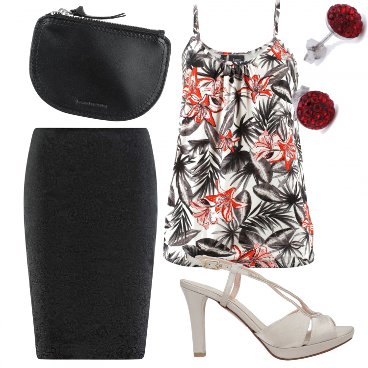 Outfit donna - 859- canotta fiori su gonna nera. Stile Bon Ton per Serata fuori. Abbinamento con top, sandali col tacco, pochette, gonne longuette, orecchini.