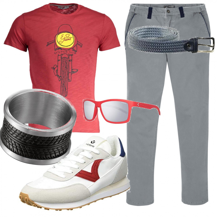 Outfit uomo - Curvy uomo casual. Stile Casual per Tutti i giorni. Abbinamento con cinture, occhiali da sole, pantaloni chino, t-shirt, anelli, sneakers.