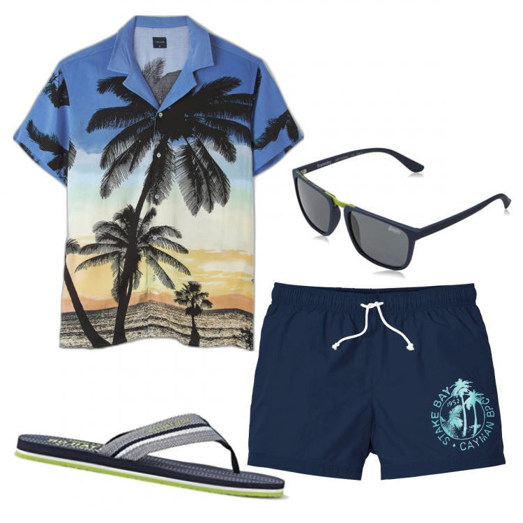 Outfit uomo - Palme e vacanze. Stile Trendy per Tutti i giorni. Abbinamento con pantaloni corti, camicie a manica corta, occhiali da sole, sandali.