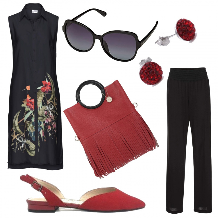Outfit donna - Serata rossonera. Stile Sporty chic per Serata fuori. look ideale per Tall. Abbinamento con camicie, pantaloni a palazzo, borse a tracolla, décolleté, occhiali da sole, orecchini.