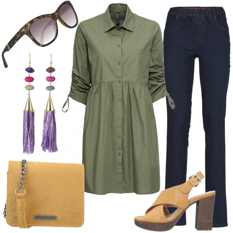 Outfit donna - Chemisier militare. Stile Military per Tutti i giorni. Abbinamento con jeggings, camicie, sandali in pelle, borse a tracolla, orecchini, occhiali da sole.