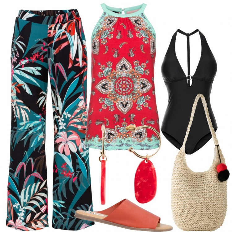 Outfit donna - Curvy al mare con stampa foulard. Stile Trendy per Mare. Abbinamento con costumi interi, pantaloni a palazzo, top, shopping bag, orecchini, sandali.