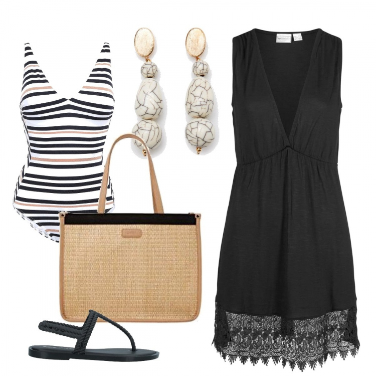 Outfit donna - Domeniche al mare. Stile Basic per Mare. Abbinamento con vestiti da spiaggia, costumi interi, infradito, orecchini, shopping bag.