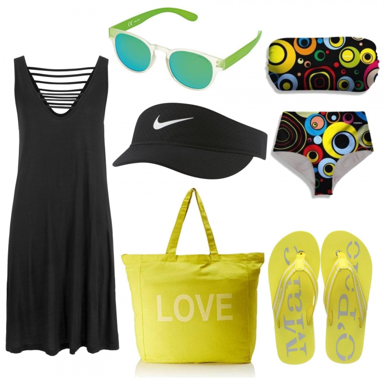 Outfit donna - Pomeriggio in piscina. Stile Glamour per Mare. Abbinamento con vestiti da spiaggia, costumi, borse tote, infradito, occhiali da sole, cappelli con visiera.