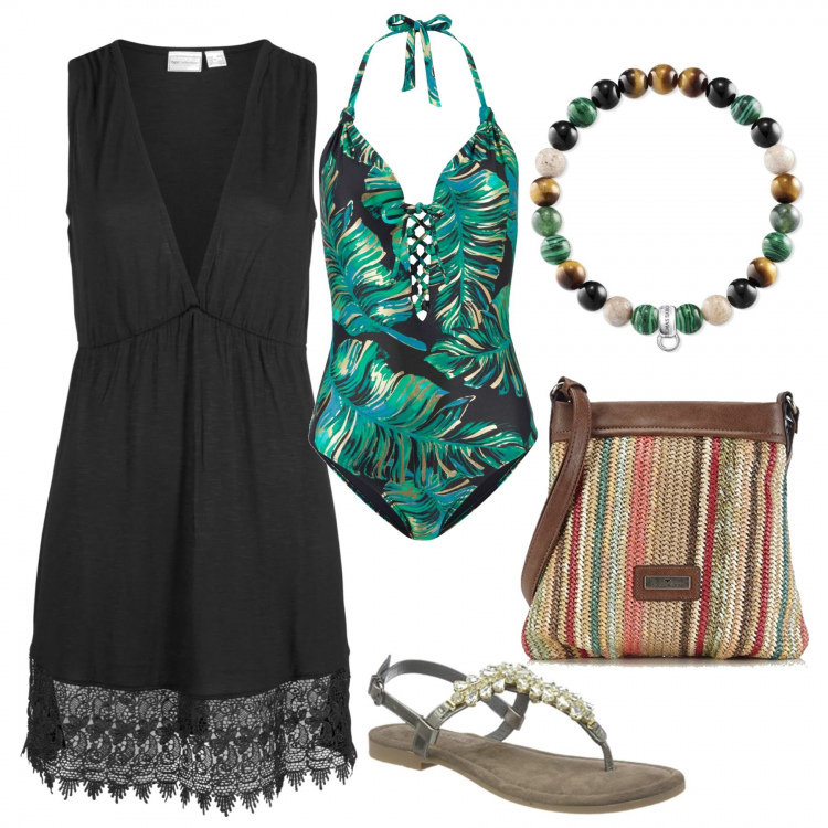 Outfit donna - Sandali flat e costume tropicale. Stile Sexy per Mare. Abbinamento con vestiti da spiaggia, costumi interi, sandali, borse a spalla, braccialetti.