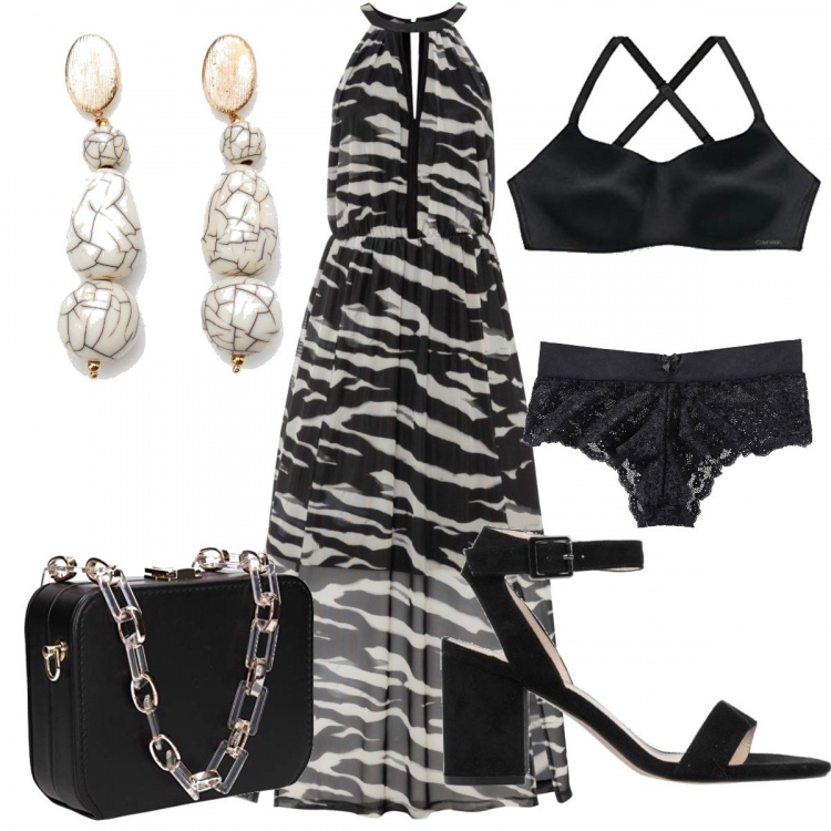 Outfit donna - Dove mi porti?. Stile Sexy per Serata fuori. Abbinamento con culotte, vestiti lunghi, sandali in pelle, orecchini, reggiseni, pochette.