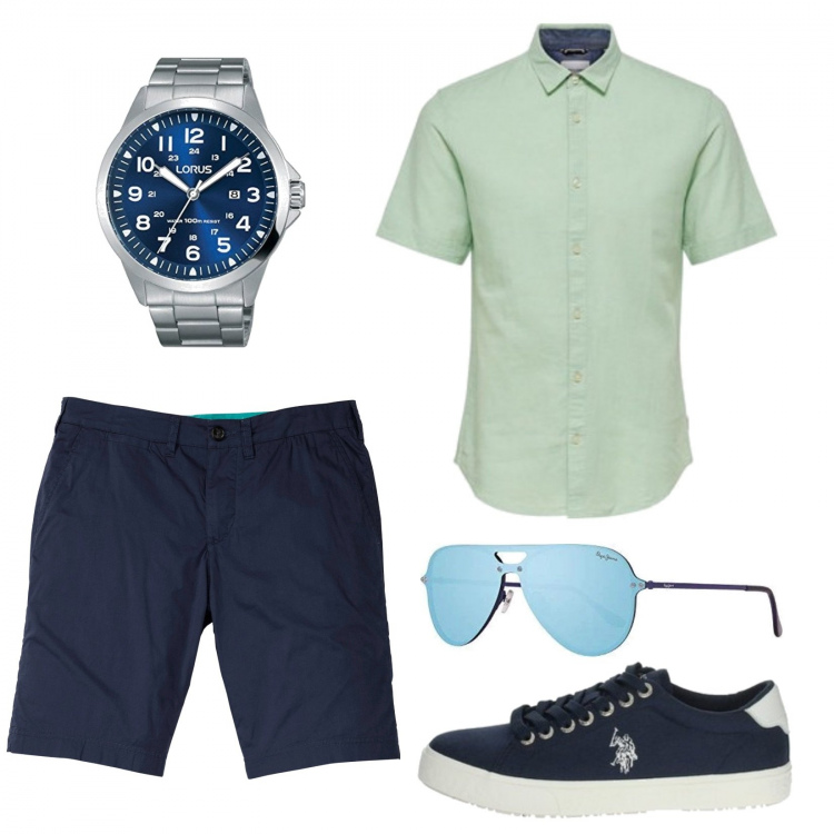 Outfit uomo - L\'orologio in acciaio. Stile Casual per Tutti i giorni. Abbinamento con bermuda, sneakers, camicie a manica corta, orologi analogici, occhiali da sole.