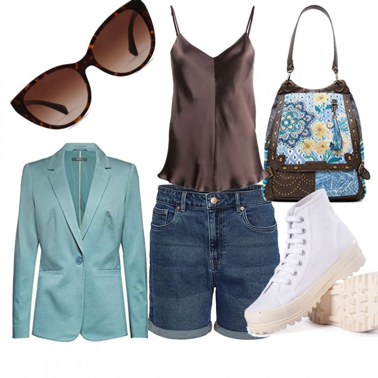 Outfit donna - Blu e marrone: Blazer e shorts. Stile Casual chic per Ufficio. Abbinamento con sneakers alte, canottiere, shorts, blazer, zaini, occhiali da sole.