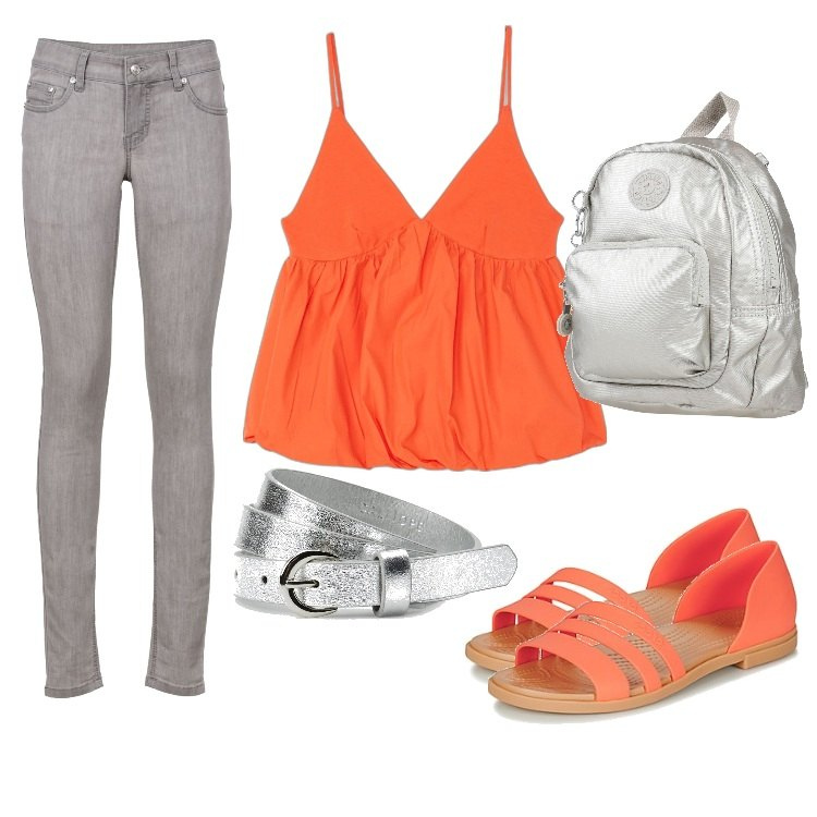 Outfit donna - Aperitivo con le amiche. Stile Casual per Tutti i giorni. Abbinamento con jeans skinny, zaini, sandali, top, cinture.