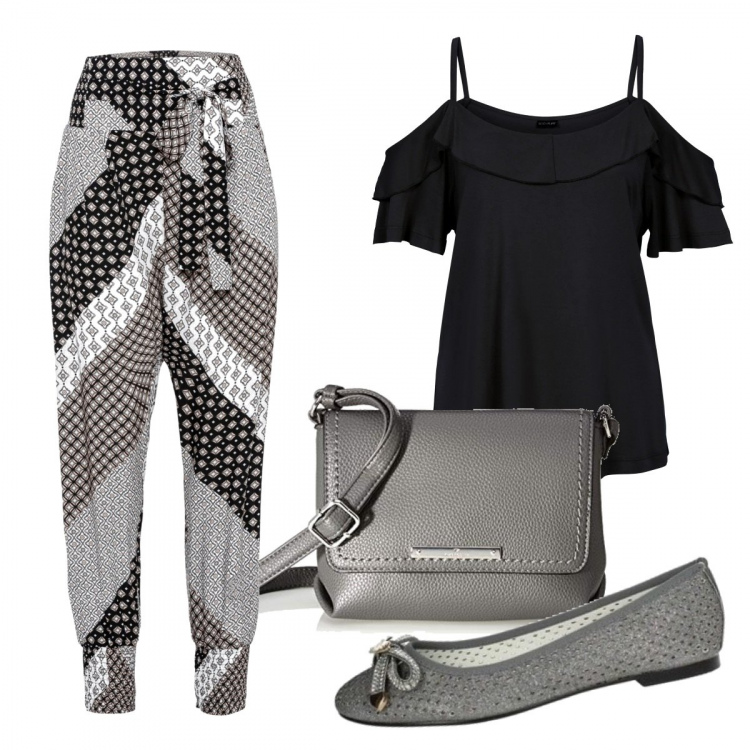 Outfit donna - Casual #991. Stile Casual per Tutti i giorni. Abbinamento con pantaloni a palazzo, top, ballerine, borse a tracolla.