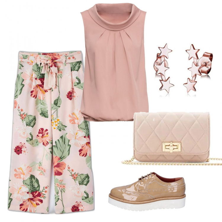 Outfit donna - I pantaloni a fiori. Stile Casual per Ufficio. Abbinamento con top, pantaloni, scarpe stringate, borse a mano, orecchini.
