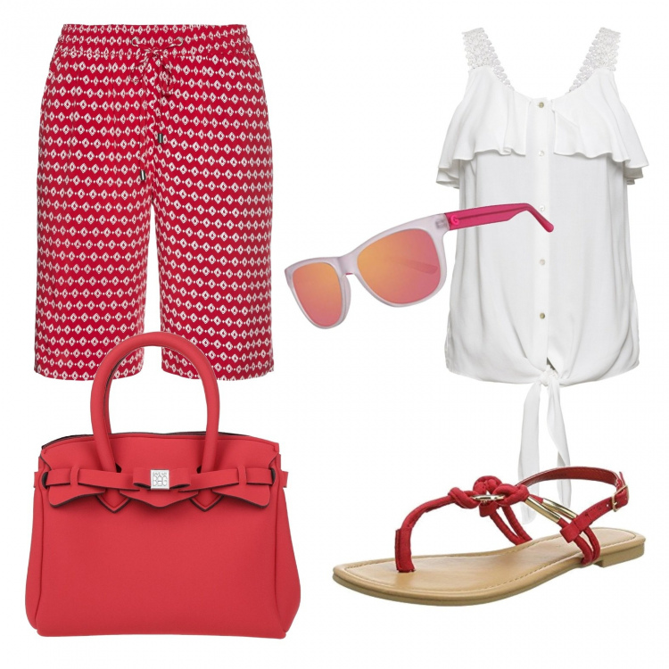 Outfit donna - Con i bermuda bicolore. Stile Casual per Tutti i giorni. Abbinamento con borse a mano, pantaloni corti, top, sandali, occhiali da sole.