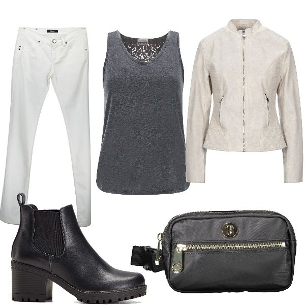 Outfit donna - Total look. Stile Casual per Tutti i giorni. Abbinamento con stivaletti chelsea, cappotti, canottiere, pantaloni, marsupi.