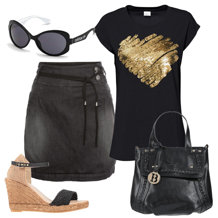 Outfit donna - Plus size e paillettes. Stile Trendy per Tutti i giorni. Abbinamento con maglieria, gonne, borse a mano, sandali col tacco, occhiali da sole.