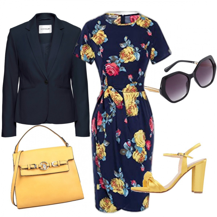 Outfit donna - Cerimonia curvy low cost. Stile Bon Ton per Cerimonia. Abbinamento con blazer, occhiali da sole, sandali col tacco, borse a mano, vestiti corti.