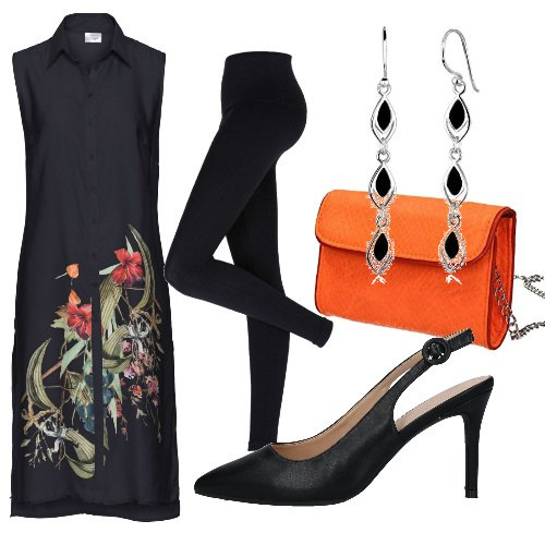 Outfit donna - Le chanel e lo chemisier. Stile Chic per Serata fuori. Abbinamento con leggings, camicie, décolleté, pochette, orecchini.